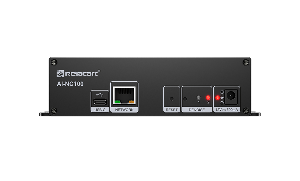 AI-NC100 panel: USB-C, NETWORK, RESET, DENOISE level switch, 12 V power (product image: relacart.com)