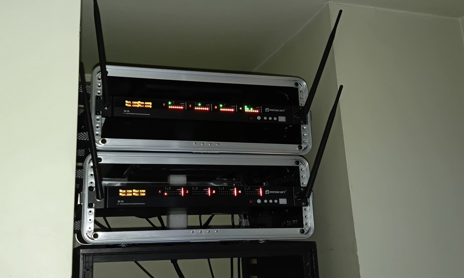 Relacart UR-2Q quad-channel true diversity receivers in the equipment rack
