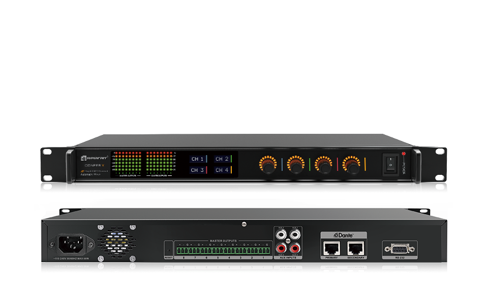 Relacart CONFER X 64-channel intelligent mixer; the Dante ports are on the rear panel